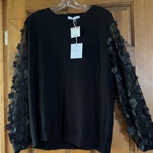 Black Sweater with Sheer Floral Sleeves PTP 24 inches